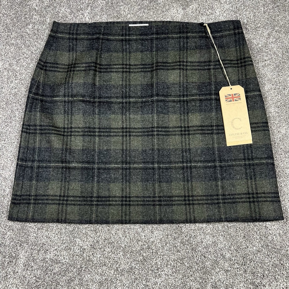 NEW Celtic & Co Tartan Kilt Mini Skirt Wool Size 18 Dark Green Gray Scotland NWT